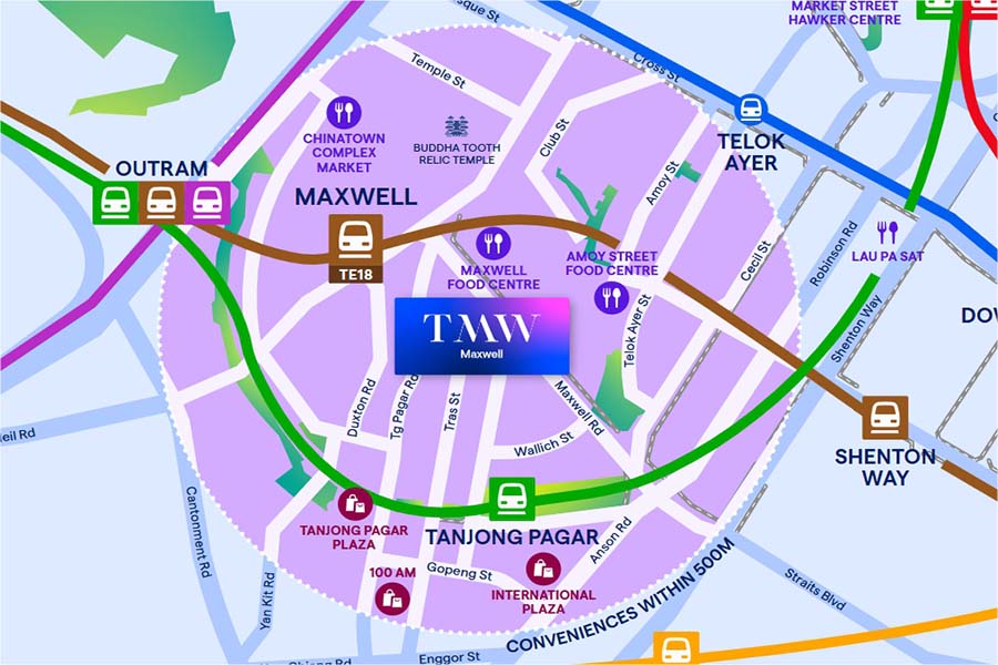 显示 TMW Maxwell 位于新加坡第2区直落街，靠近麦士威地铁站（TE18）的位置示意图。
