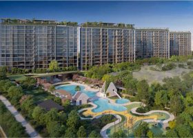 Canberra Crescent Residences（中文名未提供）立面效果图：位于新加坡第 27 区 Canberra Crescent 的 99 年地契私宅项目，展示四栋 12 层住宅塔楼在 L 形地块上的排布，以及面向绿化边界的中高层社区形态。