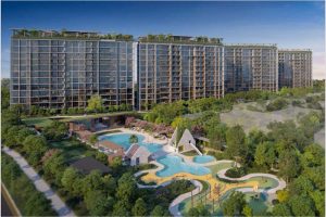 Canberra Crescent Residences（中文名未提供）立面效果图：位于新加坡第 27 区 Canberra Crescent 的 99 年地契私宅项目，展示四栋 12 层住宅塔楼在 L 形地块上的排布，以及面向绿化边界的中高层社区形态。