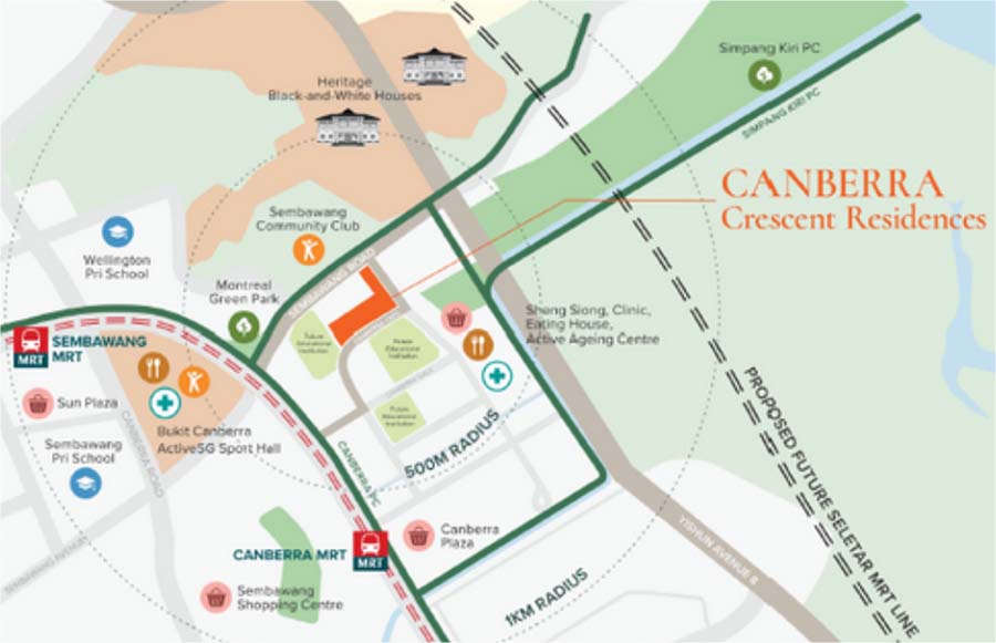 Canberra Crescent Residences（中文名未提供）位置示意图：标示 51–57 Canberra Crescent（第 27 区，Sembawang 规划区）与 Canberra MRT（南北线）的步行路线与大致距离，并显示 Canberra Plaza、Bukit Canberra 及周边组屋与有地住宅环境。