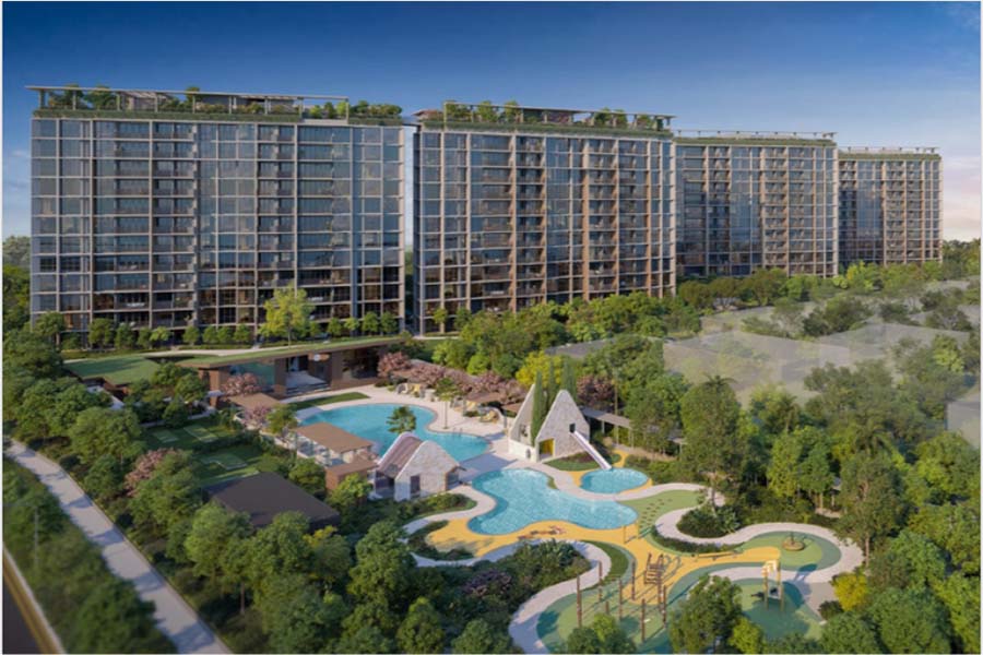 Canberra Crescent Residences（中文名未提供）立面效果图：位于新加坡第 27 区 Canberra Crescent 的 99 年地契私宅项目，展示四栋 12 层住宅塔楼在 L 形地块上的排布，以及面向绿化边界的中高层社区形态。