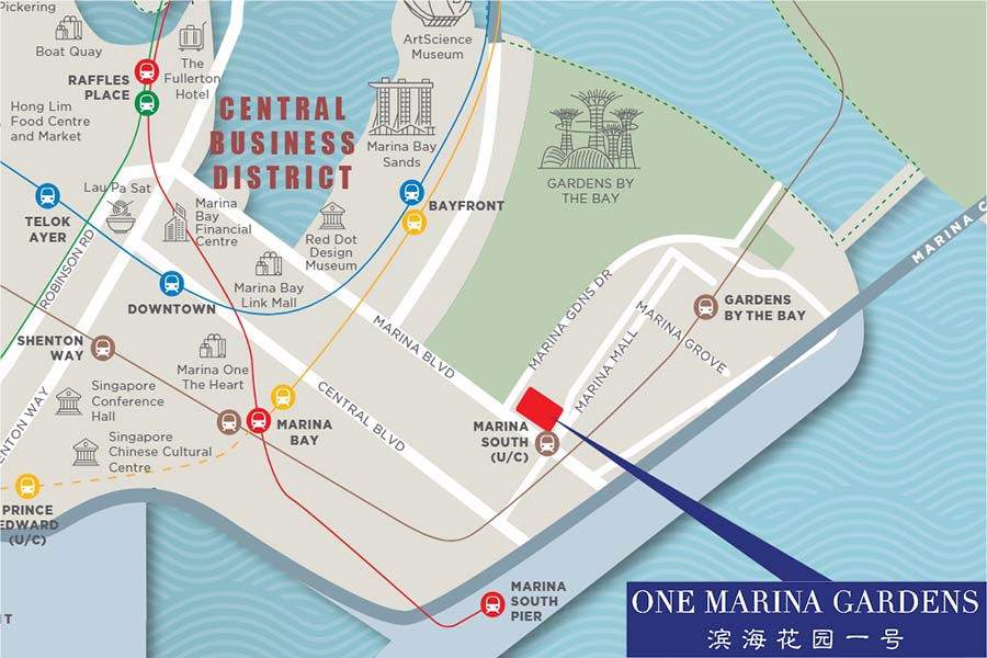 One Marina Gardens（滨海花园一号）区位地图，显示项目位于新加坡第 1 区滨海南（Marina South），并通过地下通道直连 Marina South 地铁站（TE21，Thomson-East Coast Line），毗邻滨海湾花园。