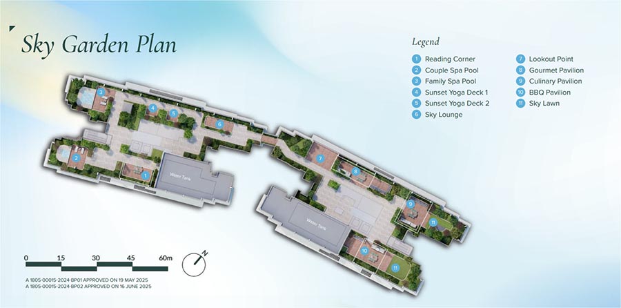 Canberra Crescent Residences（中文名未提供）空中花园与设施示意图：呈现项目的高层公共空间、空中绿化平台、休闲设施，以及公共配套在垂直空间中的分布逻辑，强调以家庭生活为导向的中高层社区设计。