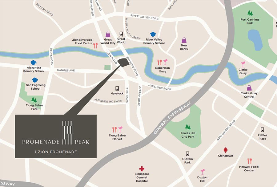 Promenade Peak 位置示意图，标示 Zion Road 项目位置、Havelock MRT（TE16）、新加坡河及大南部滨水区影响范围。