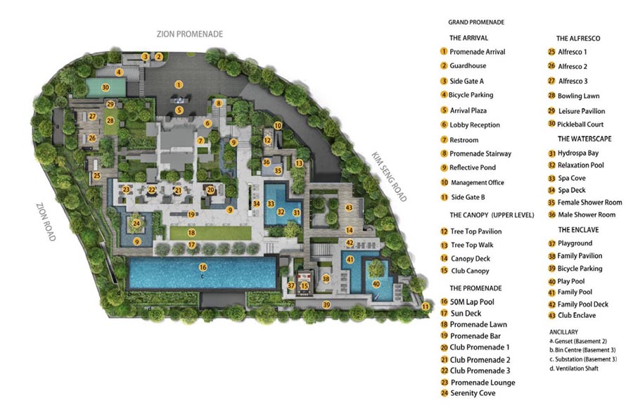 Promenade Peak 设施平面图，展示单塔高密度住宅项目内的公共设施与共享空间布局。