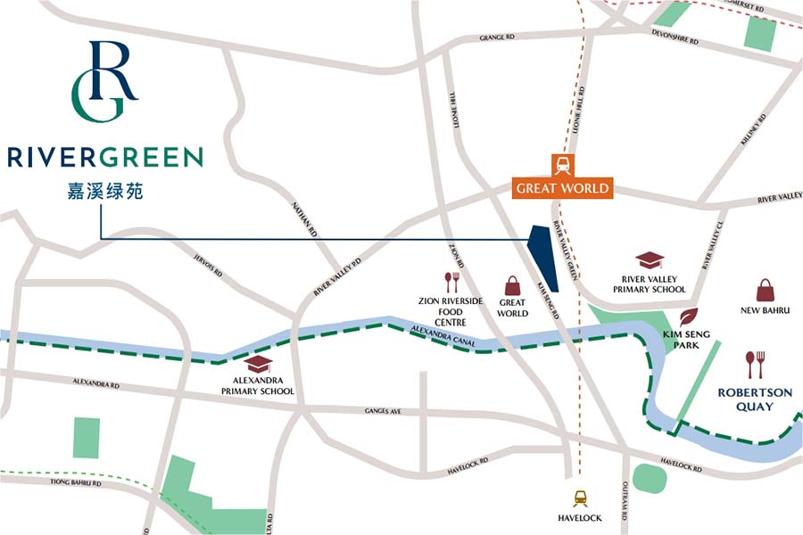 River Green（嘉溪绿苑）位置示意图，位于 River Valley Green，步行直达 Great World 地铁站（汤申—东海岸线），靠近 Great World City 与新加坡河生活带