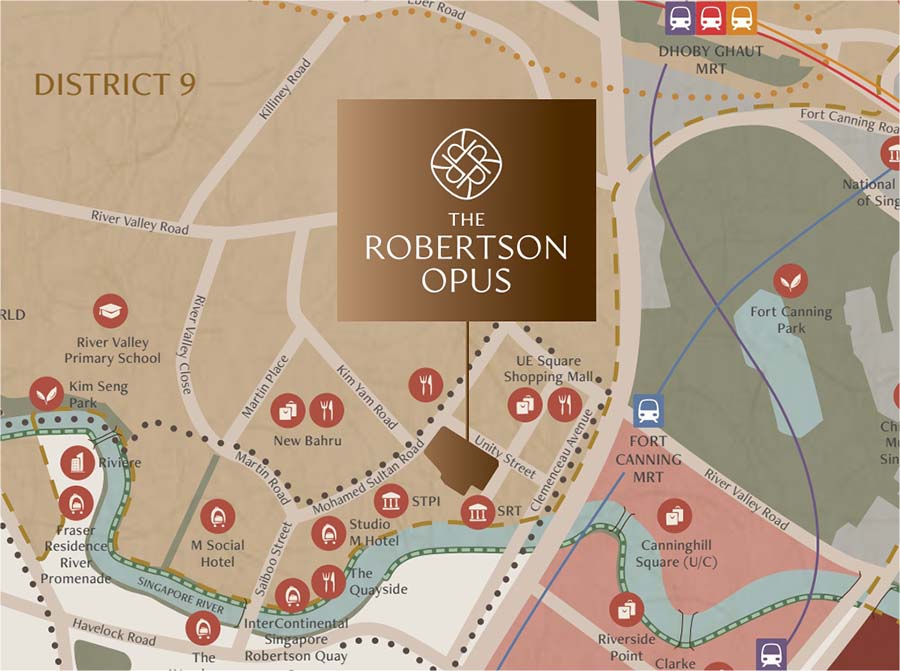 The Robertson Opus（罗奥湾）位置示意图，标示 Robertson Quay、Fort Canning MRT 及新加坡河沿线环境。