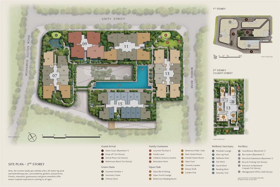 The Robertson Opus（罗奥湾）设施平面图，展示精品住宅项目内的公共设施与空间布局。