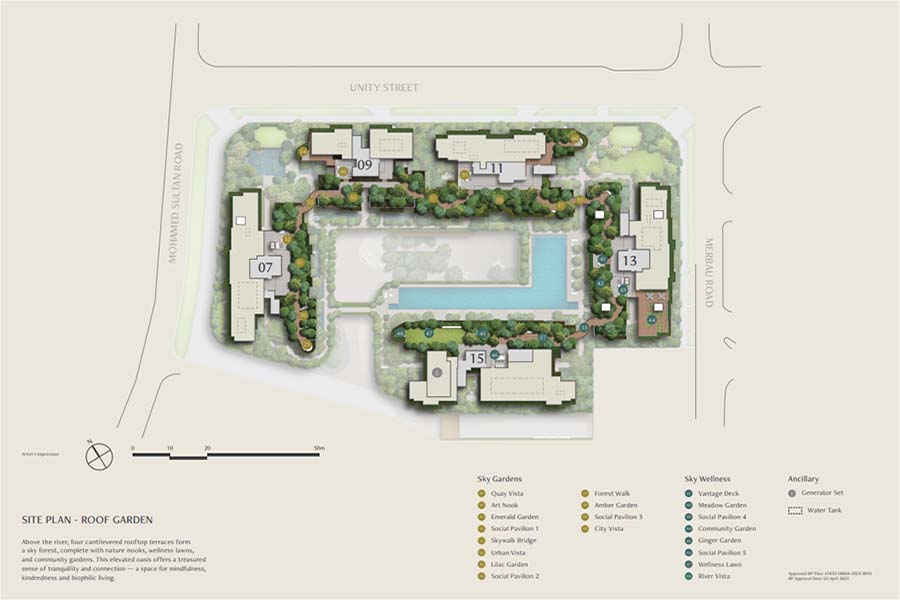 The Robertson Opus（罗奥湾）总平面示意图，说明建筑布置、内部动线及与河畔环境的关系。