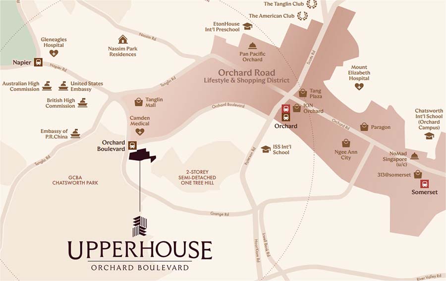Upperhouse at Orchard Boulevard（傲杰嘉苑）位置示意图，显示其紧邻乌节林荫道地铁站（TE13）、乌节路及其在新加坡核心中央区（CCR）中的位置