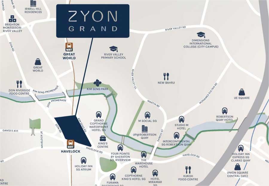 Zyon Grand（卓悦峰）位置示意图，标示 Zion Road、Havelock MRT（TE16）及其在第3区的城市边缘位置。