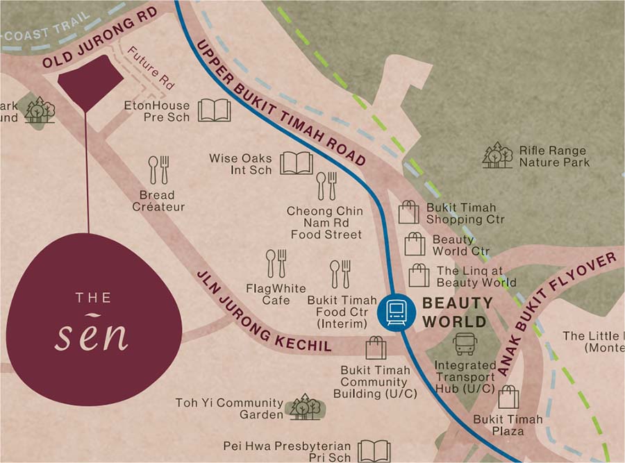 The Sen 位置图，显示 Jalan Jurong Kechil 项目位置，距离 Beauty World 地铁站约 1.08 公里（第21区）