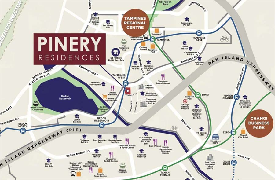 Pinery Residences 位置示意图，显示其位于新加坡第 18 区淡滨尼 94 街，设有直通淡滨尼西地铁站（DT31）的地下步行通道，并邻近 Our Tampines Hub、主要商场、学校及淡滨尼区域中心配套。