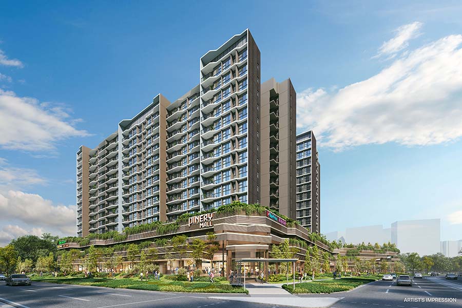 Pinery Residences 项目立面效果图，位于新加坡第 18 区淡滨尼 94 街，为一座大型综合式住宅发展项目，设有六栋 14 层住宅楼，坐落于商业平台之上，并通过全天候地下通道直接连接淡滨尼西地铁站（Downtown Line）。