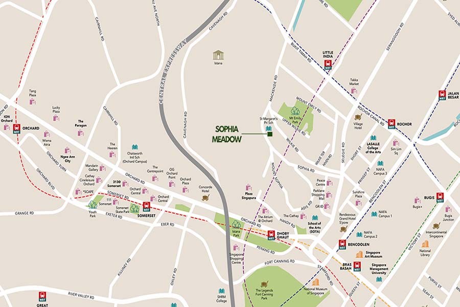 Sophia Meadow 位于索菲亚路 132 号的位置示意图，展示其坐落于 Mount Sophia 高地、邻近市中心但保持安静居住氛围的区位特点