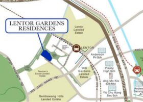 Lentor Gardens Residences 位置地图，显示与 Lentor MRT（TE5）及 Ang Mo Kio 周边住宅区的相对位置