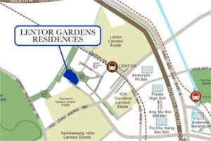 Lentor Gardens Residences 位置地图，显示与 Lentor MRT（TE5）及 Ang Mo Kio 周边住宅区的相对位置