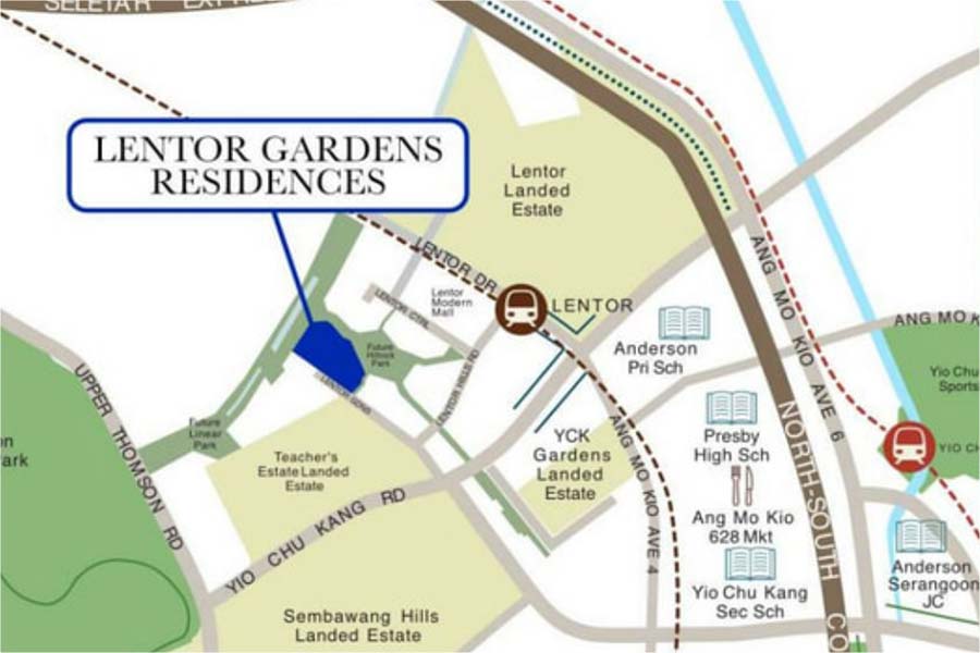 Lentor Gardens Residences 位置地图，显示与 Lentor MRT（TE5）及 Ang Mo Kio 周边住宅区的相对位置
