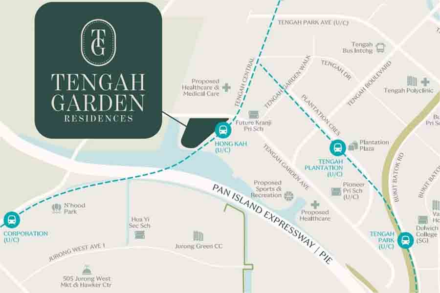 Tengah Garden Residences location map showing Hong Kah MRT Jurong Region Line Tengah Plantation Tengah Park and expressway connectivity Singapore