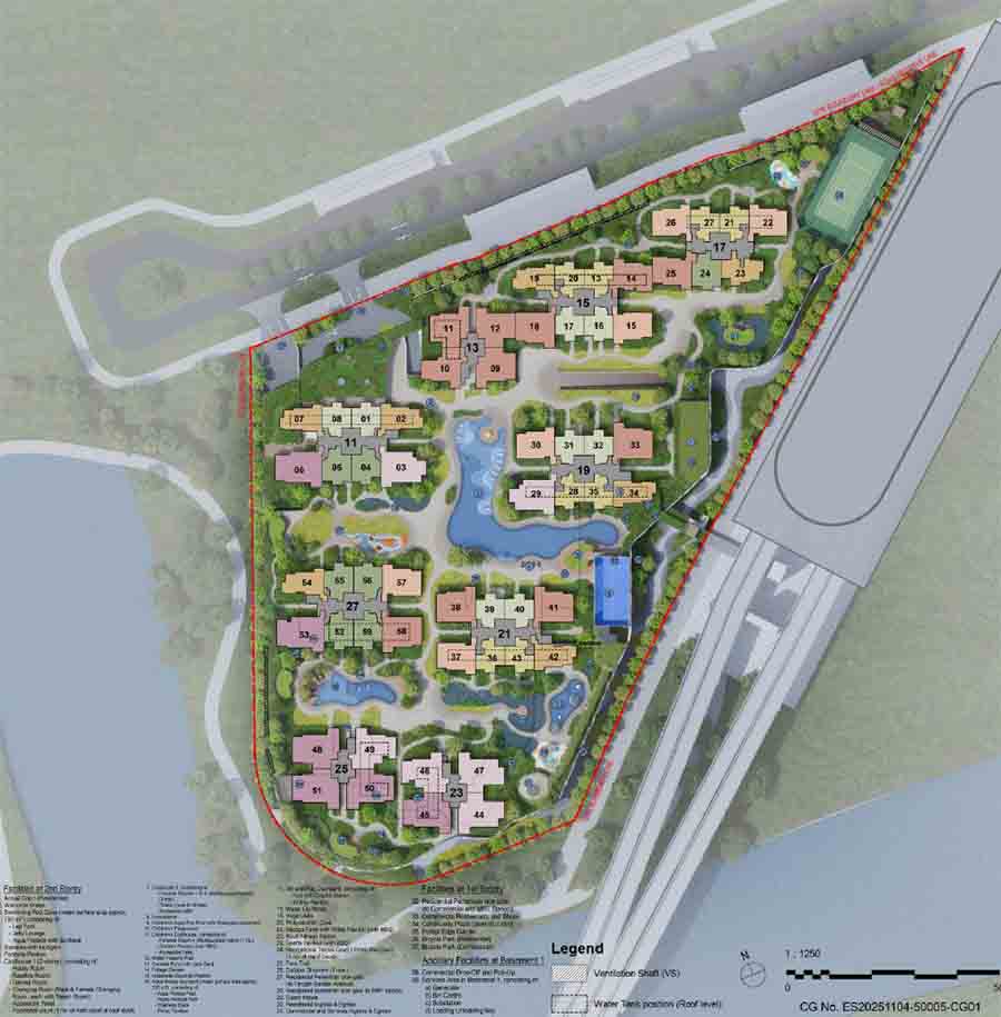 Tengah Garden Residences site plan showing full layout central landscape spine lagoon pool blocks and proximity to Hong Kah MRT Singapore