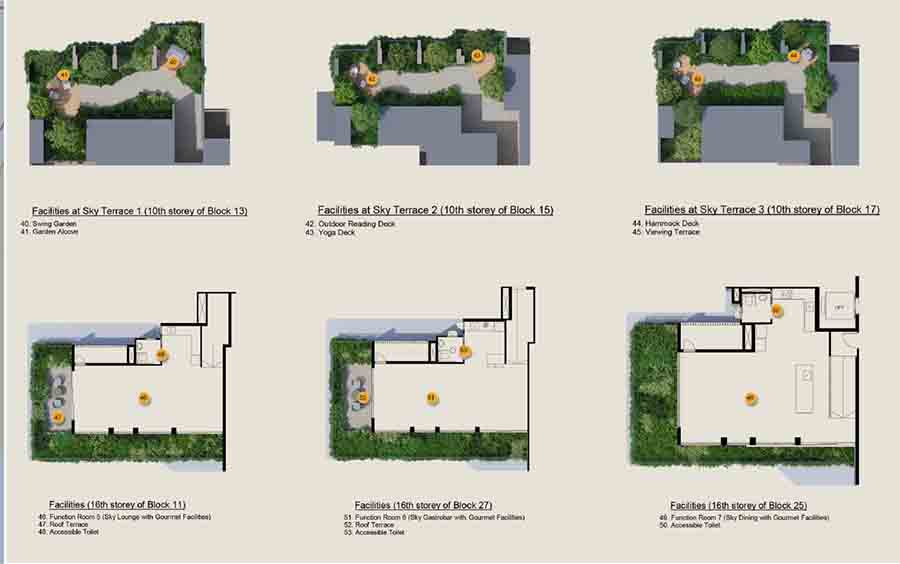 Tengah Garden Residences sky terrace facilities plan showing blocks 13 15 17 with dining pavilion yoga deck and viewing terrace Singapore
