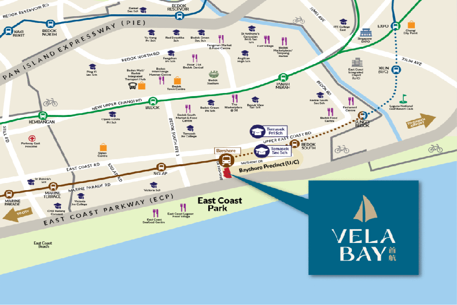Vela Bay location map showing Bayshore MRT TE29 East Coast Park Bedok and surrounding amenities in Singapore