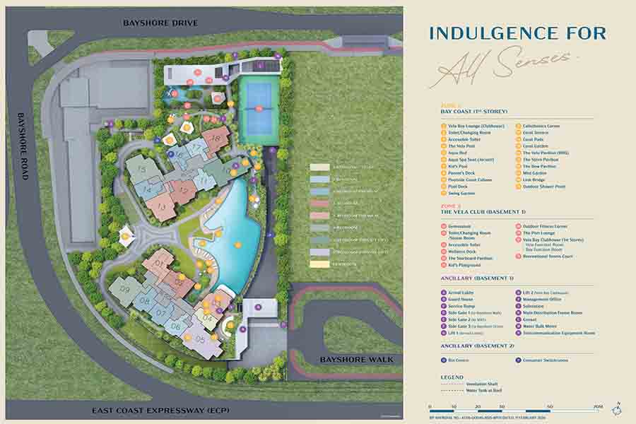 Vela Bay site plan showing block layout stack orientation facilities zones and proximity to Bayshore MRT and East Coast Park Singapore