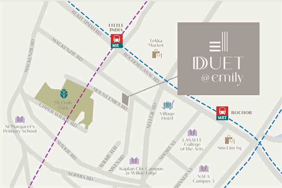 Duet @ Emily 位置图，显示项目位于 Mount Emily，靠近 Dhoby Ghaut、Rochor 及第9区核心地段