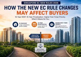Singapore EC new rules 2026 analysis showing 10-year MOP, 15-year privatisation and buyer impact comparison between Executive Condominiums and private condos